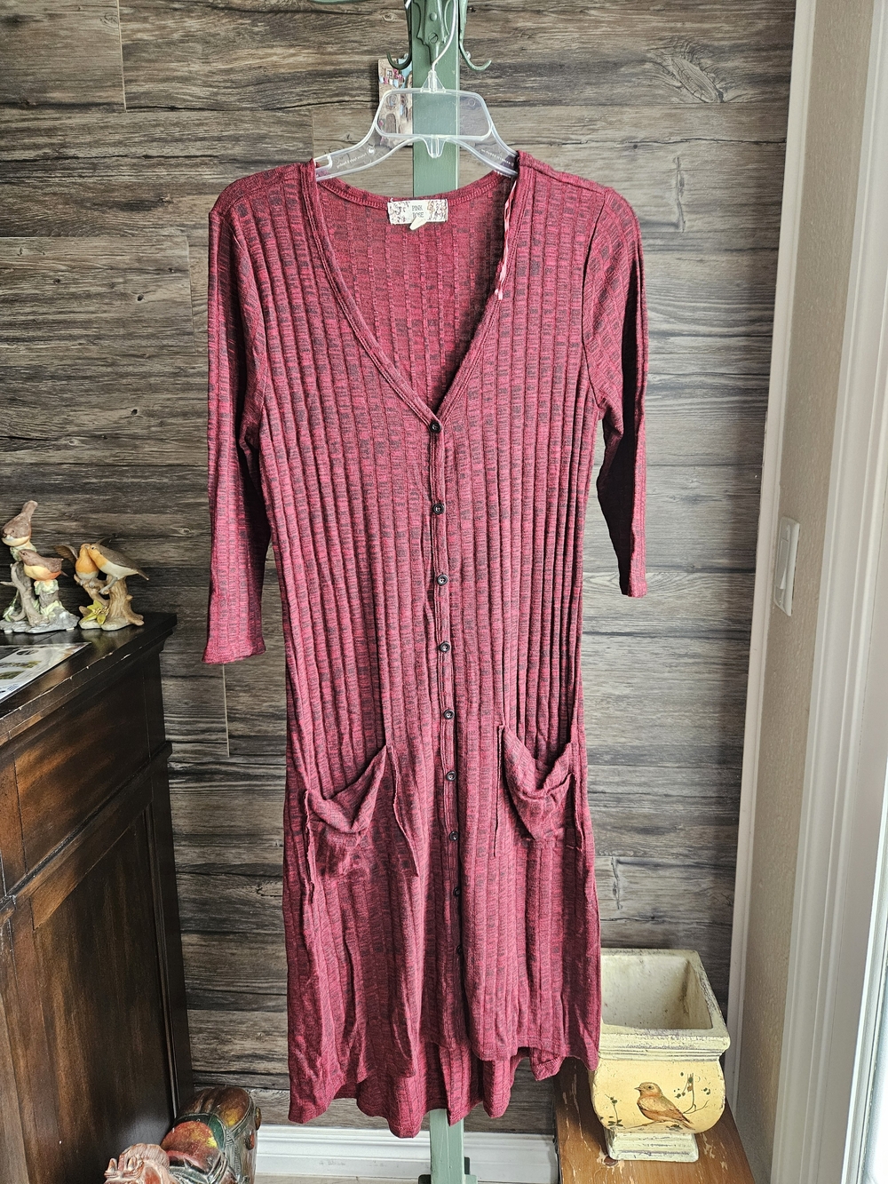 Pink Rose Long Ribbed Button-Front Dress in Burgundy